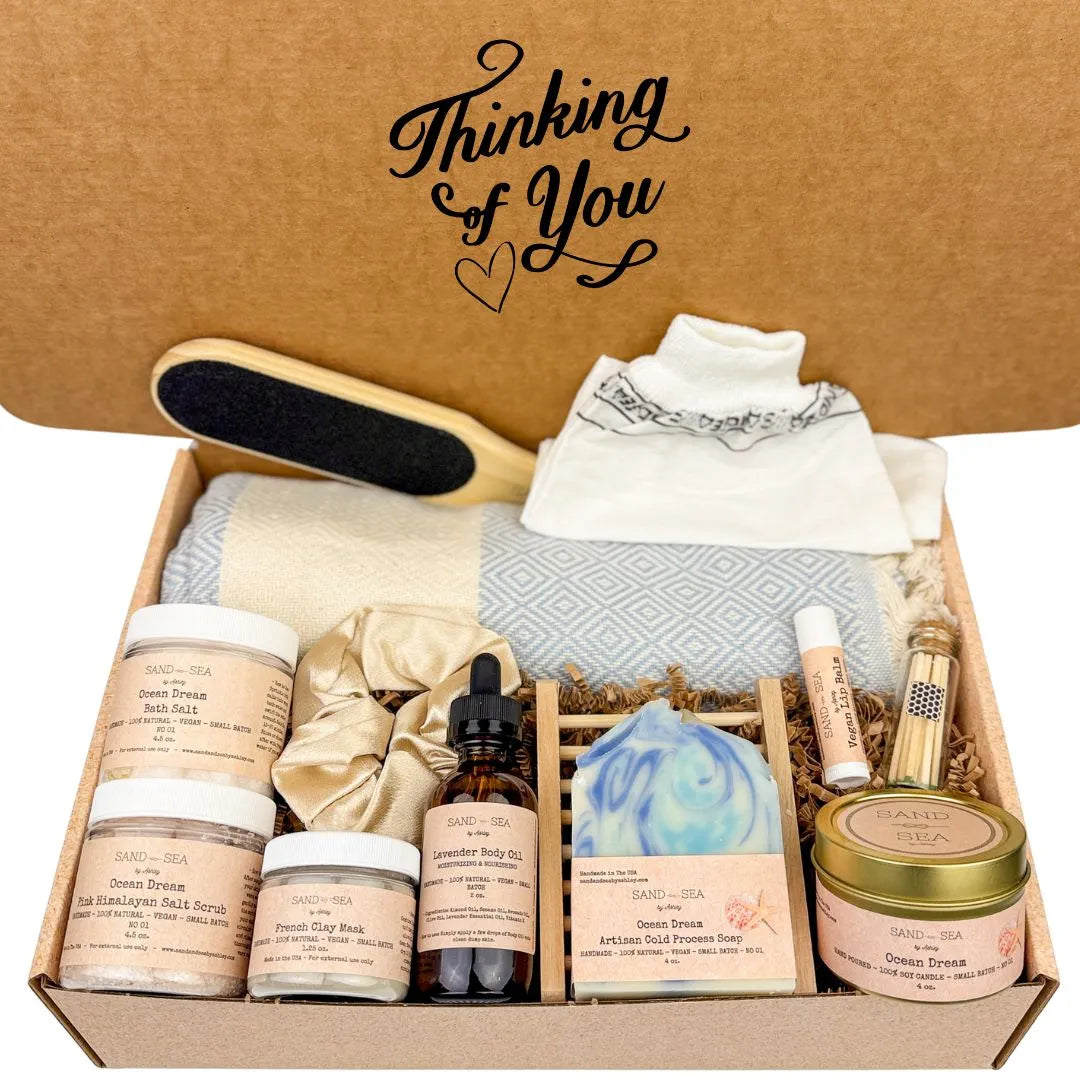 Thinking of You Gift Baskets for Her- Self Care Gift Box with Turkish Peshtemal 13 pieces - Sand & Sea by Ashley