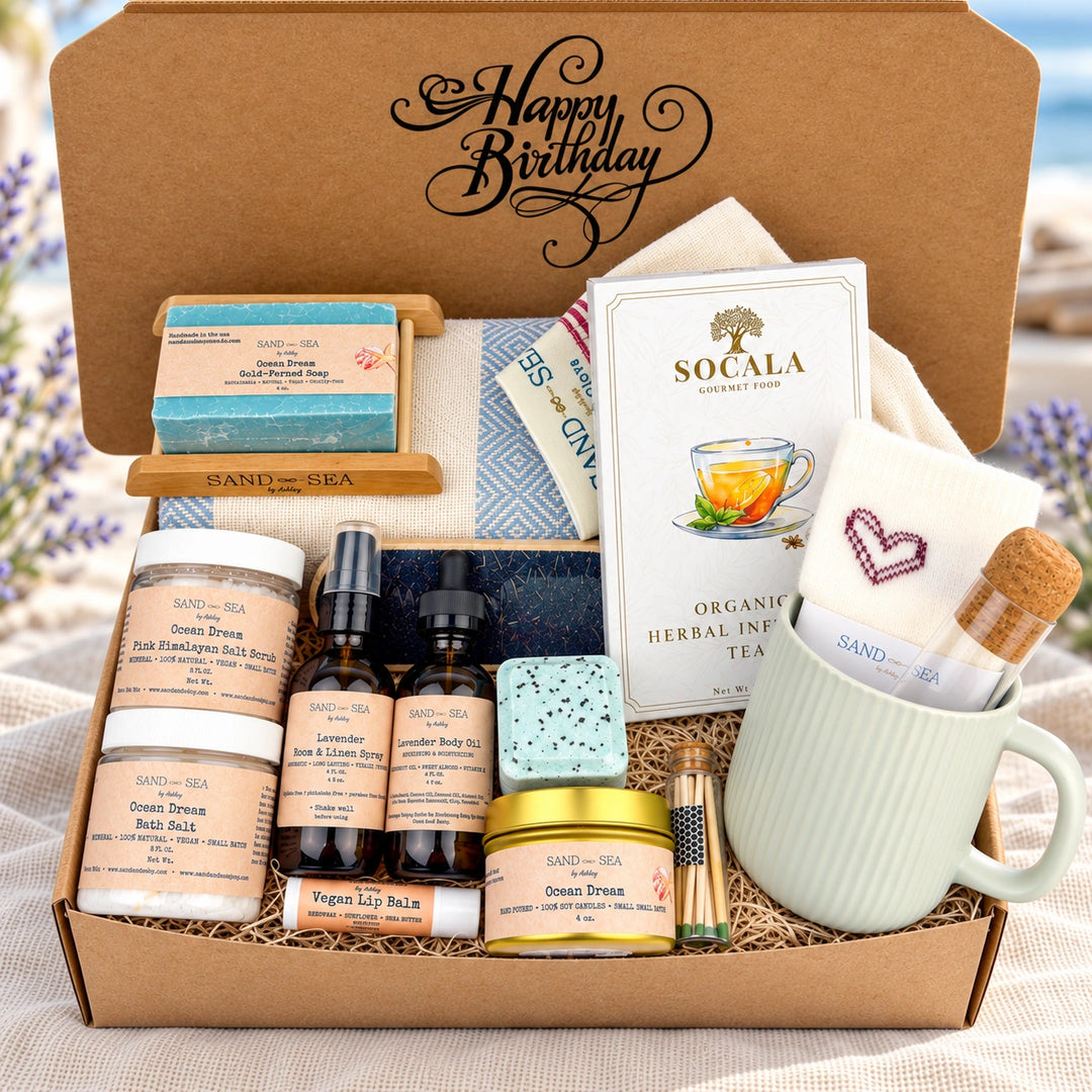 Ultimate luxury Ocean Dream birthday gift box with spa products, tea, mug, Turkish towel, and Happy Birthday message