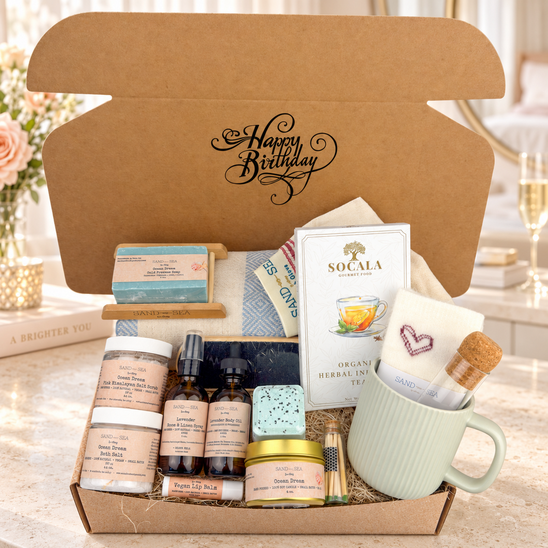 Ultimate luxury Ocean Dream birthday gift box with spa products, tea, mug, Turkish towel, and Happy Birthday message