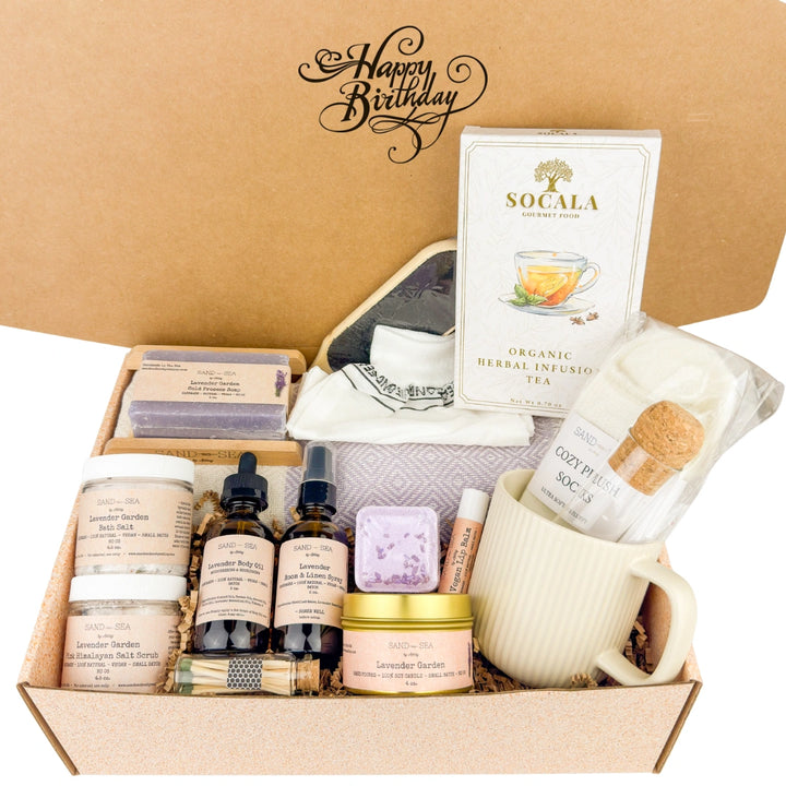 Gift box with skincare products, a mug, and tea, featuring 'Happy Birthday' text.