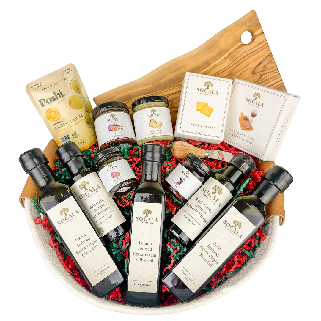 Assorted food items including bottles, jars, and a wooden board on a white background