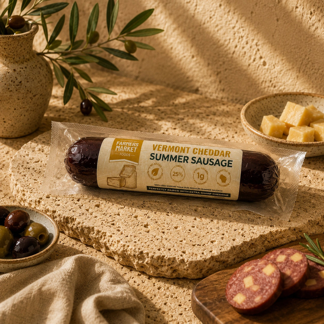 A packaged tube of Vermont Cheddar Summer Sausage from Porteous Market is displayed on a textured stone slab with a rustic Mediterranean setting, including sliced sausage on a wooden board, cheese cubes, olives, and a vase with olive branches.