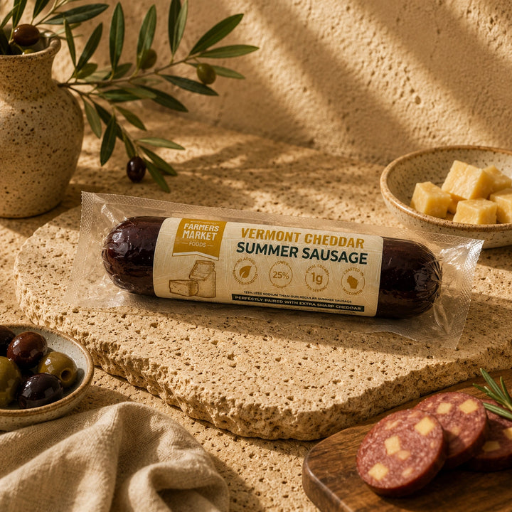 A packaged tube of Vermont Cheddar Summer Sausage from Porteous Market is displayed on a textured stone slab with a rustic Mediterranean setting, including sliced sausage on a wooden board, cheese cubes, olives, and a vase with olive branches.