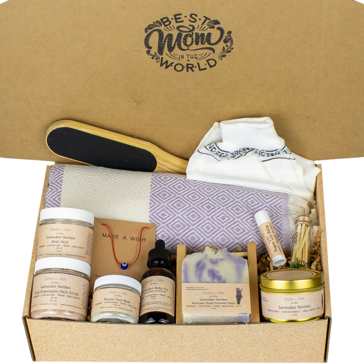 Best Mom in The World Spa Gift Set with Turkish Beach Towel - Relaxing, Destress, Lavender Skin Care Package for Mom - Sand & Sea by Ashley