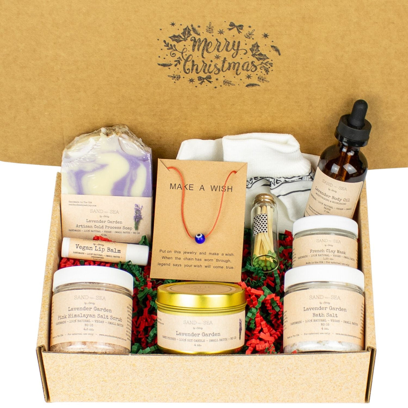 Christmas Spa Gift Baskets for Women - Handmade Artisan Lavender Spa Gift Set for Her 10 pieces - Sand & Sea by Ashley