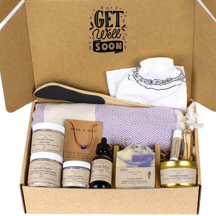 Get Well Gifts - Handmade Lavender Spa Gift Baskets - Self Care Gift Box with Turkish Beach Towel 13 pieces - Sand & Sea by Ashley