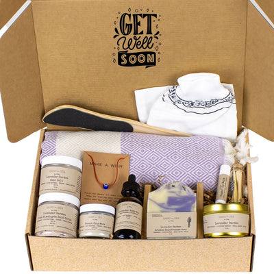 Get Well Soon Gifts - Handmade Lavender Spa Gift Baskets - Self Care Gift Box with Turkish Beach Towel 13 pieces - Sand & Sea by Ashley