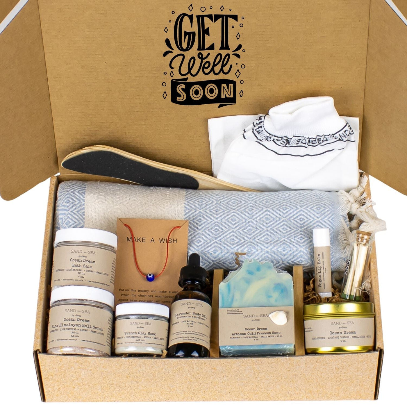 Get Well Soon Ocean Dream Spa Gift Baskets- Self Care Gift Box with Turkish Peshtemal 13 pieces - Sand & Sea by Ashley