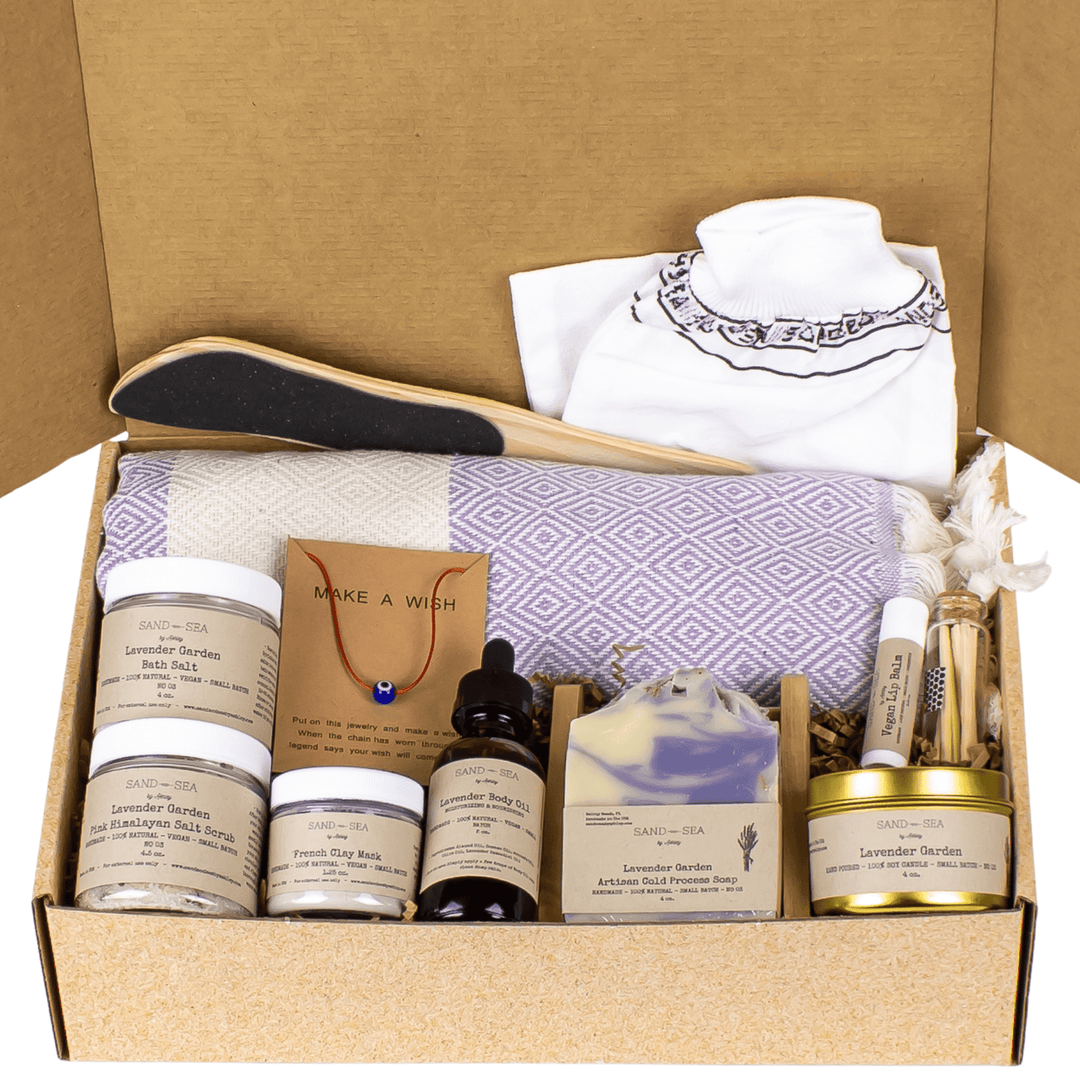 Spa Gift Baskets Handmade Vegan Cruelty Free Lavender Scented Self Care Gift Box with Turkish Beach Towel 13 pieces - Sand and Sea by Ashley