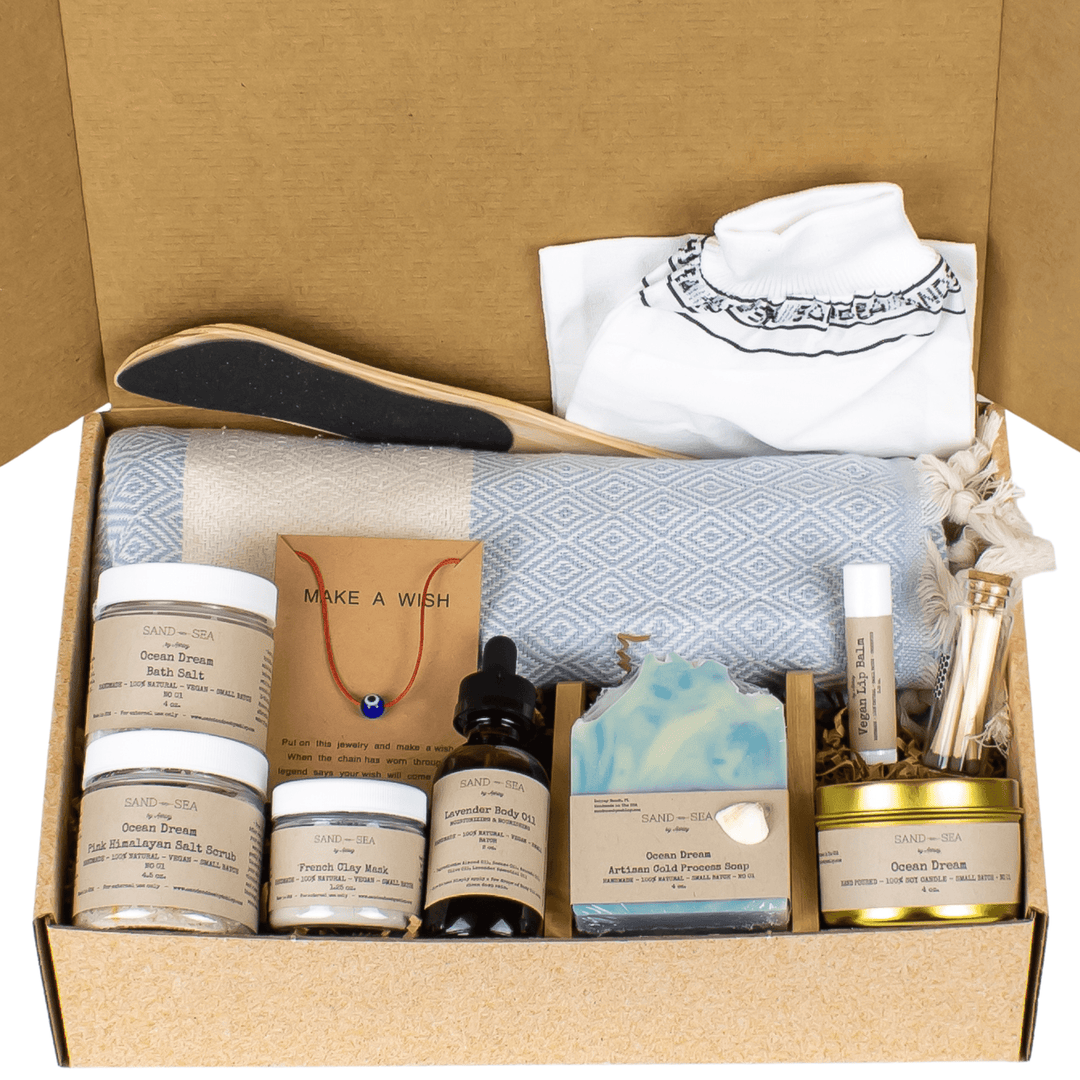 Spa Gift Baskets Handmade Ocean Dream Scented - Self Care Gift Box with Turkish Bath Towel 13 pieces - Sand and Sea by Ashley