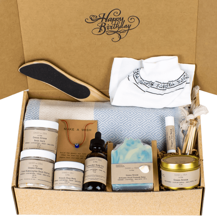 Birthday Gift Box for Women with Bath Towel and Ocean scented spa products Sand and Sea by Ashley