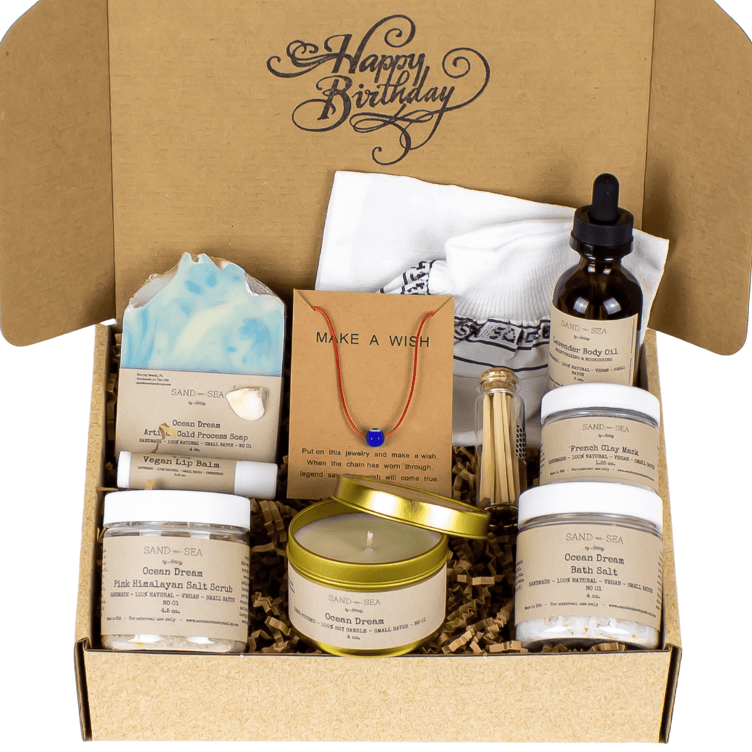 Happy Birthday Pampering Spa Gift Box - Ocean Dream Spa Gift Baskets for Mom, Sister, Friend - 10 Pieces - Sand & Sea by Ashley