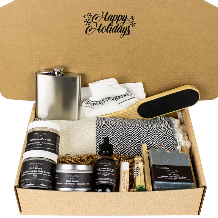 Happy Holidays Spa Gift Basket for Him - Luxurious Relaxation Gift Box for Men - Sand & Sea by Ashley