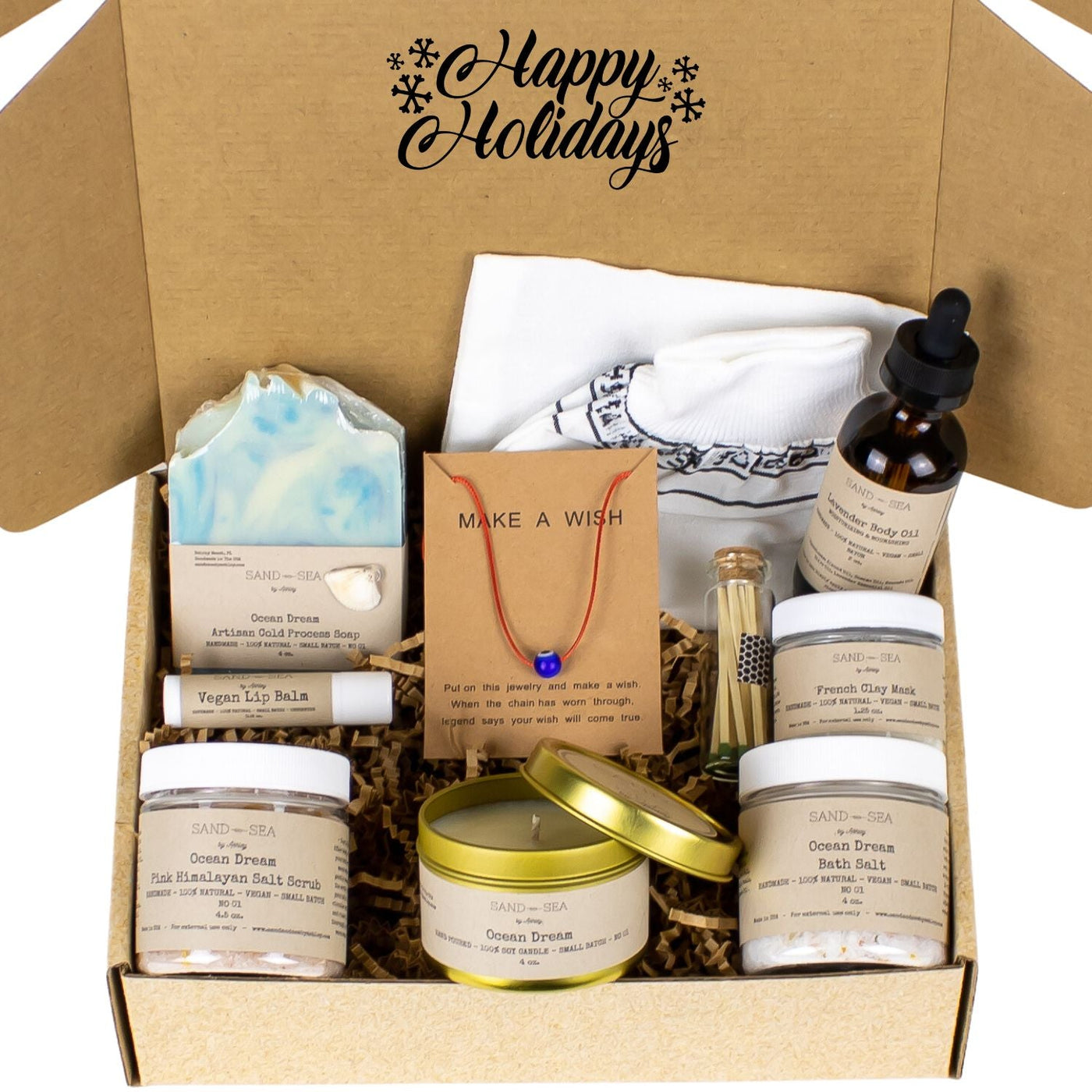 Happy Holidays Spa Gift Box for Her - Handmade Artisan Ocean Dream Spa Gift Set for Woman 10 pieces - Sand & Sea by Ashley