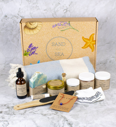 Happy Mother's Day Spa Gift Set with Turkish Beach Towel - Relaxing, Destress, Ocean Dream Skin Care Package for Mom 13 pcs - Sand & Sea by Ashley