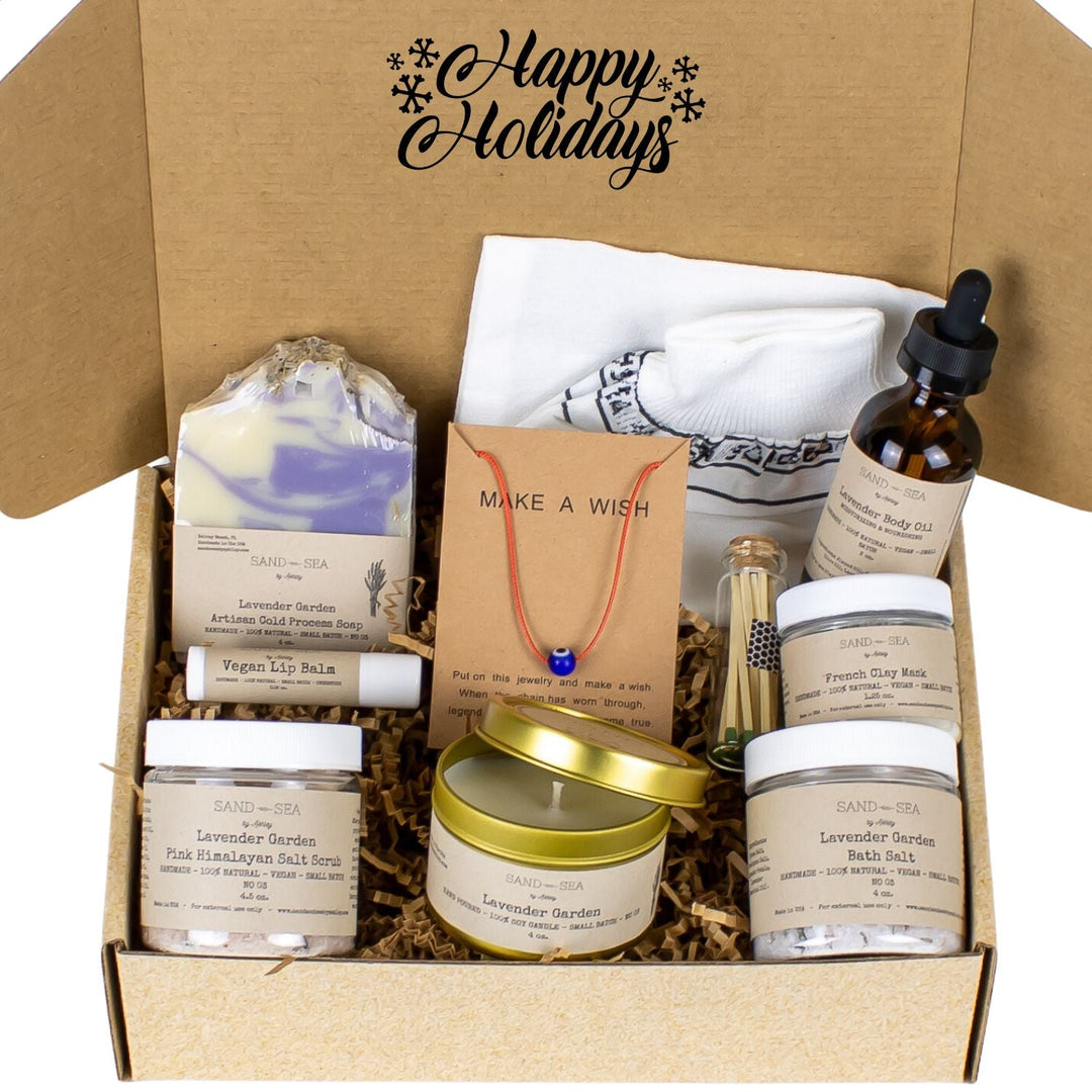 Holiday Season 2024 Spa Gift Baskets for Women - Handmade Artisan Lavender Spa Gift Set for Her 10 pieces - Sand & Sea by Ashley