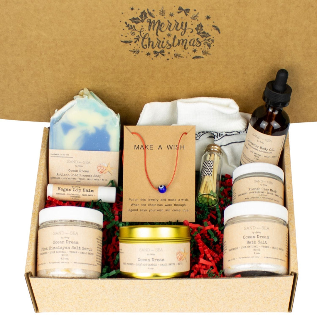 Holiday Spa Gift Box for Her - Handmade Artisan Ocean Dream Spa Gift Set for Woman 10 pieces - Sand & Sea by Ashley