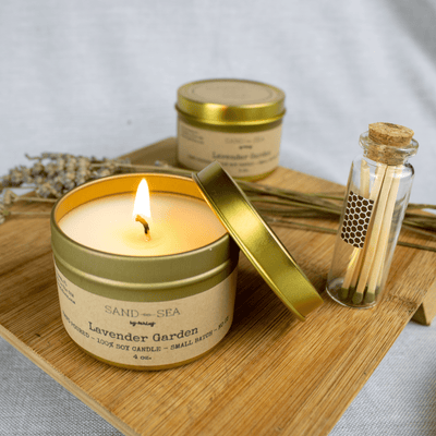 Lavender Garden Gold Tin Travel Candle 4 oz - Hand Poured Soy Wax Vegan - Sand & Sea by Ashley