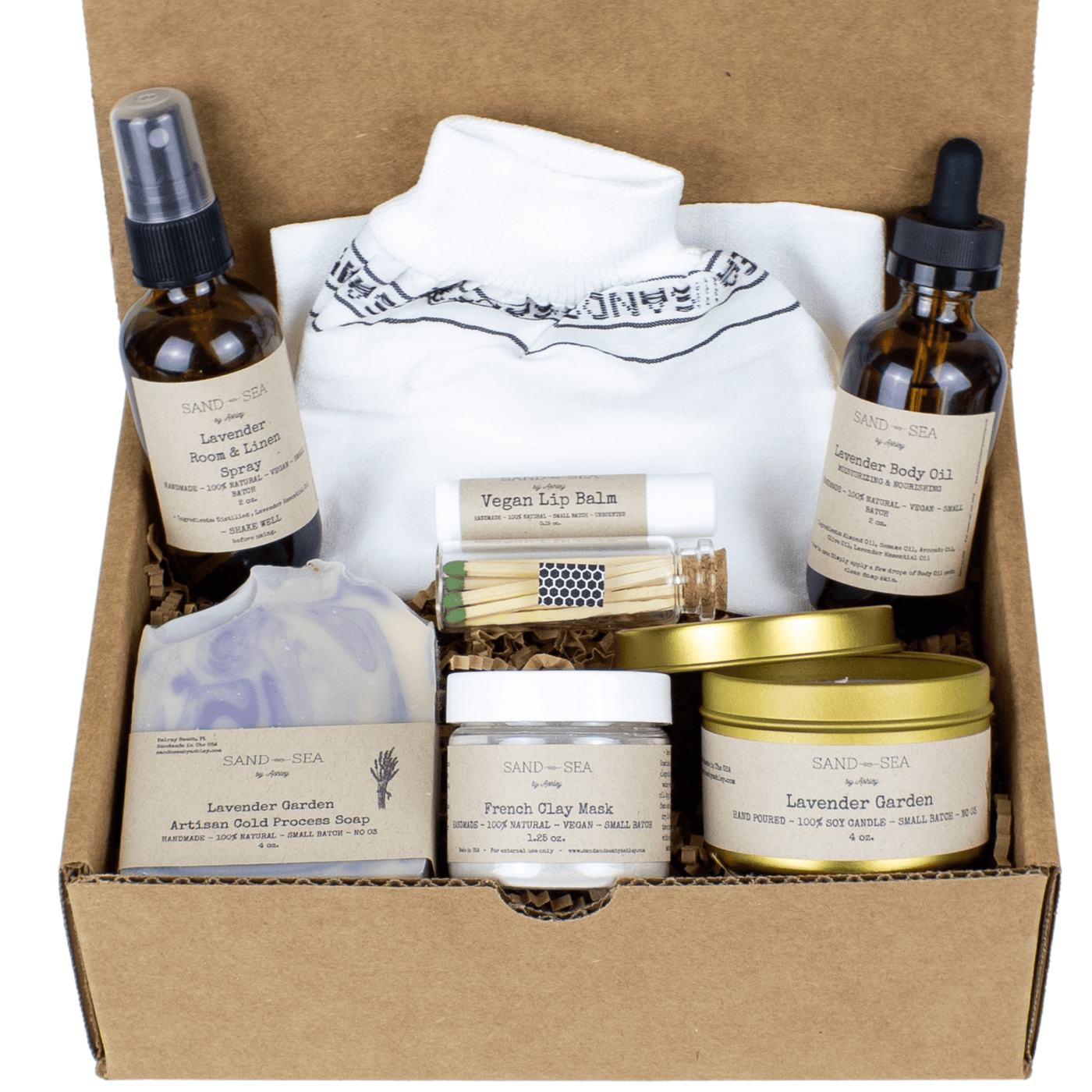 Lavender Spa Gift Set for Her - Room and Linen Spray, Body Oil, Artisan Soap, Candle, Clay Mask, Vegan Lip Balm, Exfoliating Glove - 8 pcs - Sand & Sea by Ashley