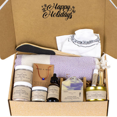 Luxury Happy Holidays Spa Gift Baskets for Holidays - Handmade Lavender Spa Gift Set 13 pieces - Sand & Sea by Ashley