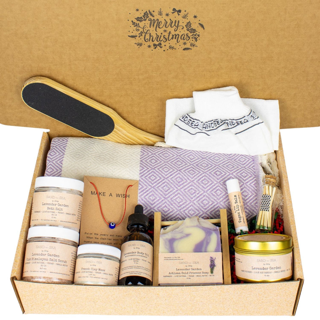 Luxury Merry Christmas Spa Gift Sets for Holidays - Handmade Lavender Spa Gift Basket 13 pieces - Sand & Sea by Ashley