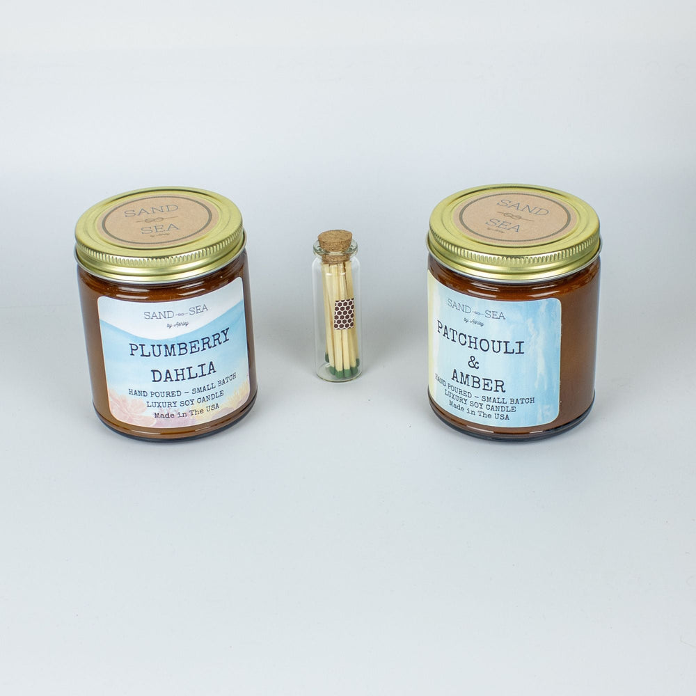 Patchouli Amber - Plumberry Dahlia Handmade Scented Soy Candle Gift Set 2 pieces 9 oz Jars - Sand & Sea by Ashley