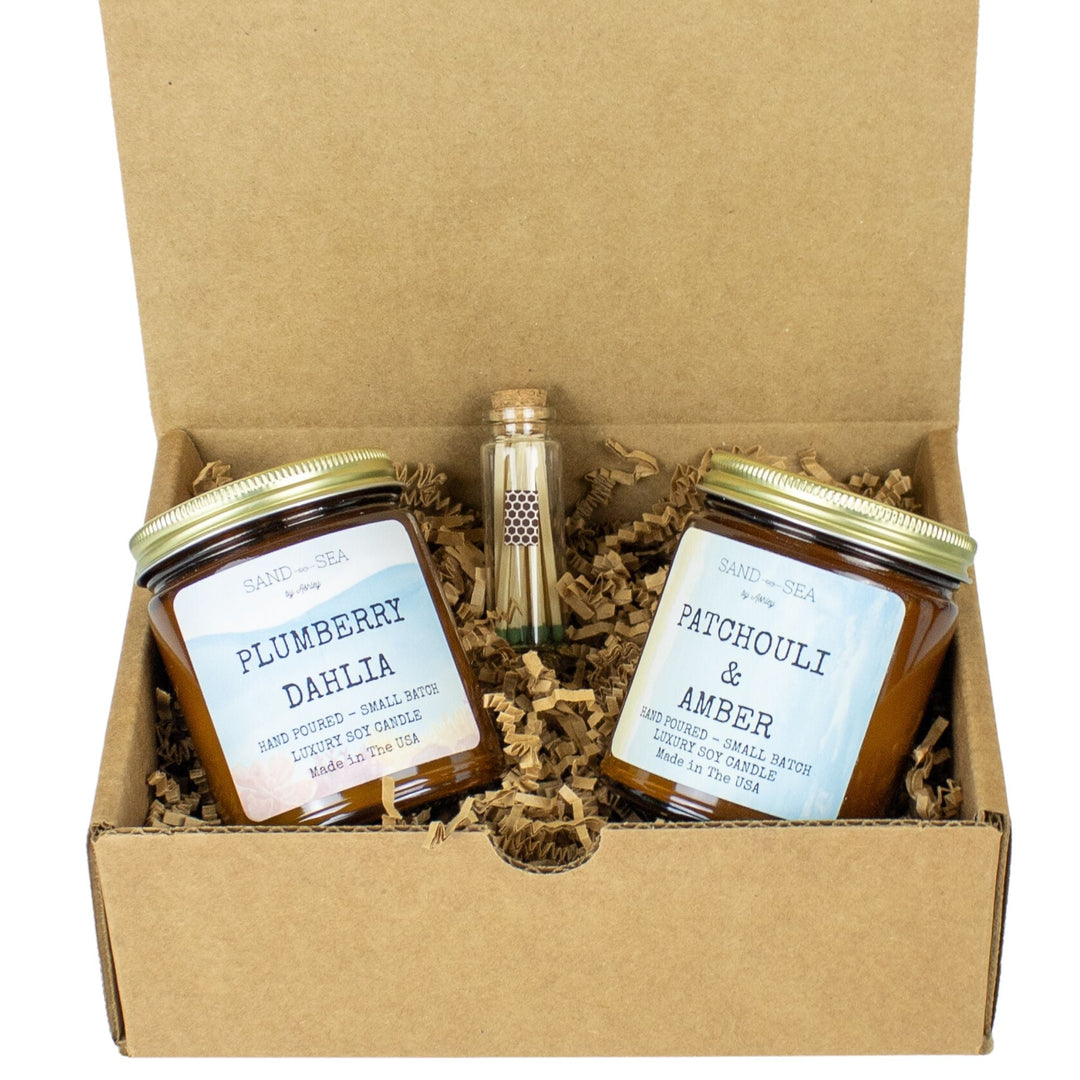 Patchouli Amber - Plumberry Dahlia Handmade Scented Soy Candle Gift Set 2 pieces 9 oz Jars - Sand & Sea by Ashley