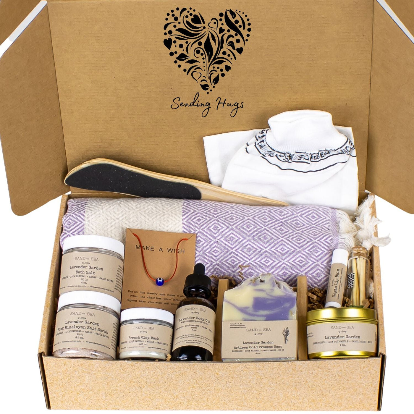 Sending Hugs Lavender Spa Gift Set for Women - Self Care Gift Box with Turkish Beach Towel 13 pieces - Sand & Sea by Ashley