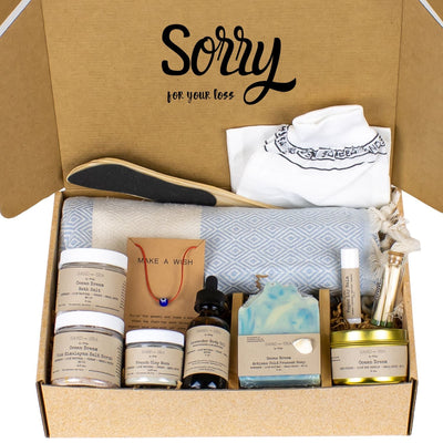Sorry for Your Loss Gift Baskets for Grieving Friend- Self Care Gift Box with Turkish Peshtemal 13 pieces - Sand & Sea by Ashley