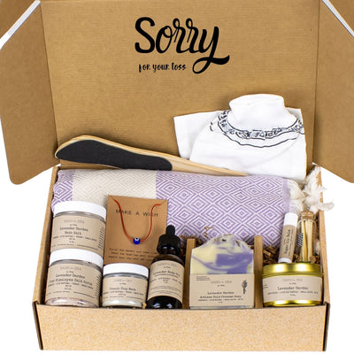 Sorry for Your Loss Lavender Spa Gift Baskets - Self Care Gift Box with Turkish Beach Towel 13 pieces - Sand & Sea by Ashley