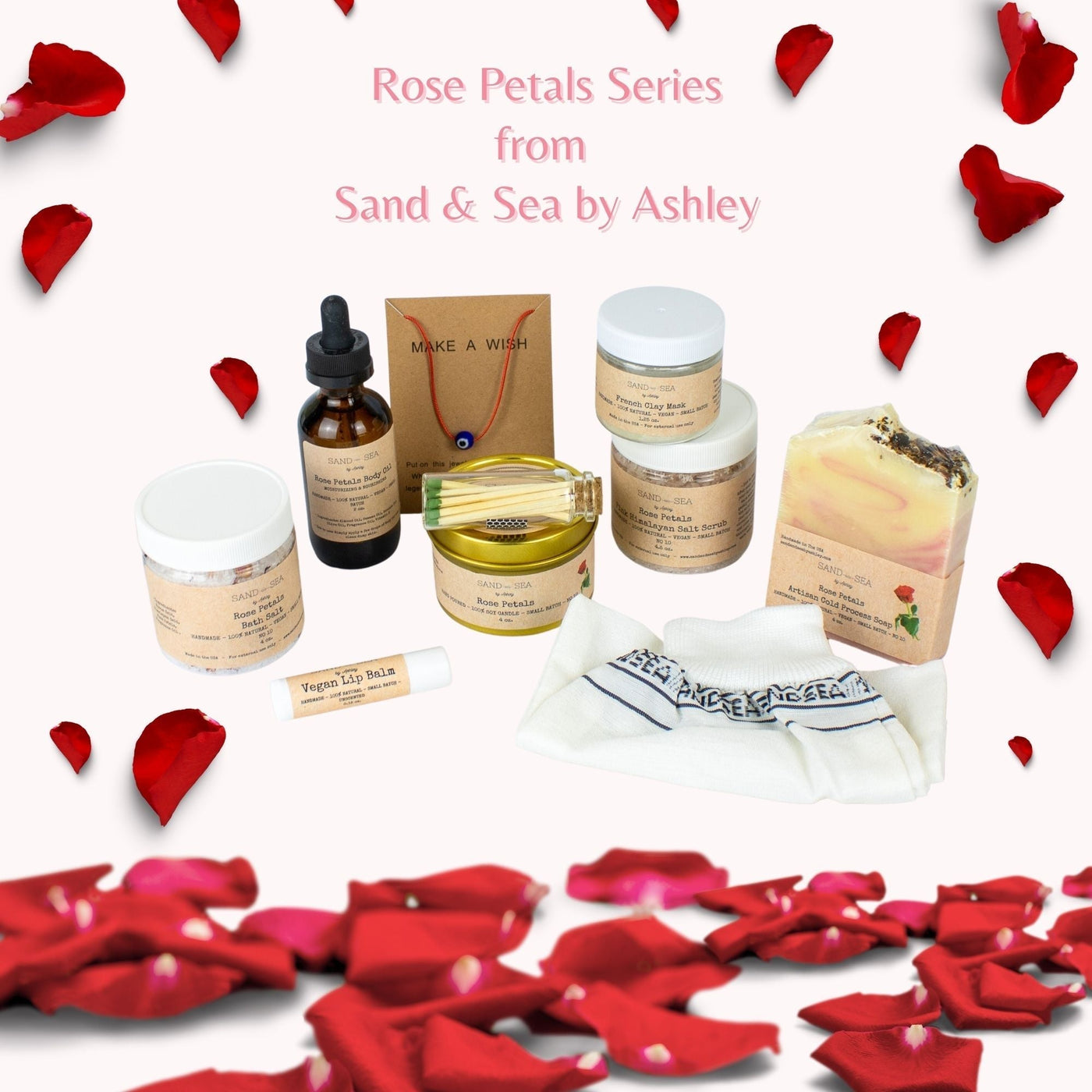 Spa Gift Basket for Her - Handmade Rose Petals Spa Gift Set with Turkish Towel 13 pieces - Sand & Sea by Ashley
