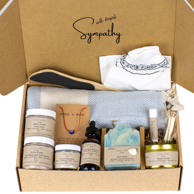 Sympathy Gift Baskets for Grieving Friend- Self Care Gift Box with Turkish Peshtemal 13 pieces - Sand & Sea by Ashley