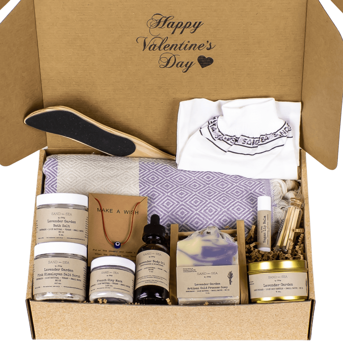 Valentine's Day Spa Gift Baskets for Women - Handmade Unique and Pampering Stress Relief Lavender Spa Gift Box with Turkish Beach Towel - 13 pieces - Sand & Sea by Ashley
