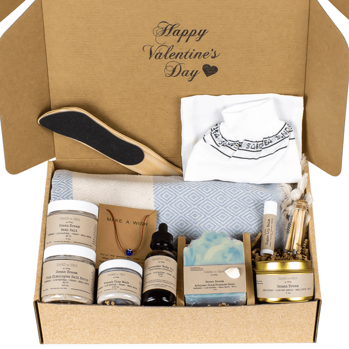 Valentine's Day Spa Gift Set for Her - Handmade Unique and Relaxing Stress Relief Spa Gift Baskets with Turkish Beach Towel - Ocean Dream 13 pieces - Sand & Sea by Ashley