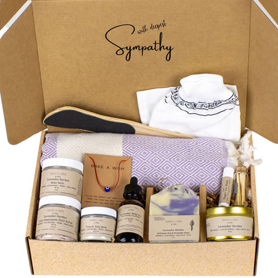 With Deepest Sympathy Lavender Spa Gift Baskets - Self Care Gift Box with Turkish Beach Towel 13 pieces - Sand & Sea by Ashley